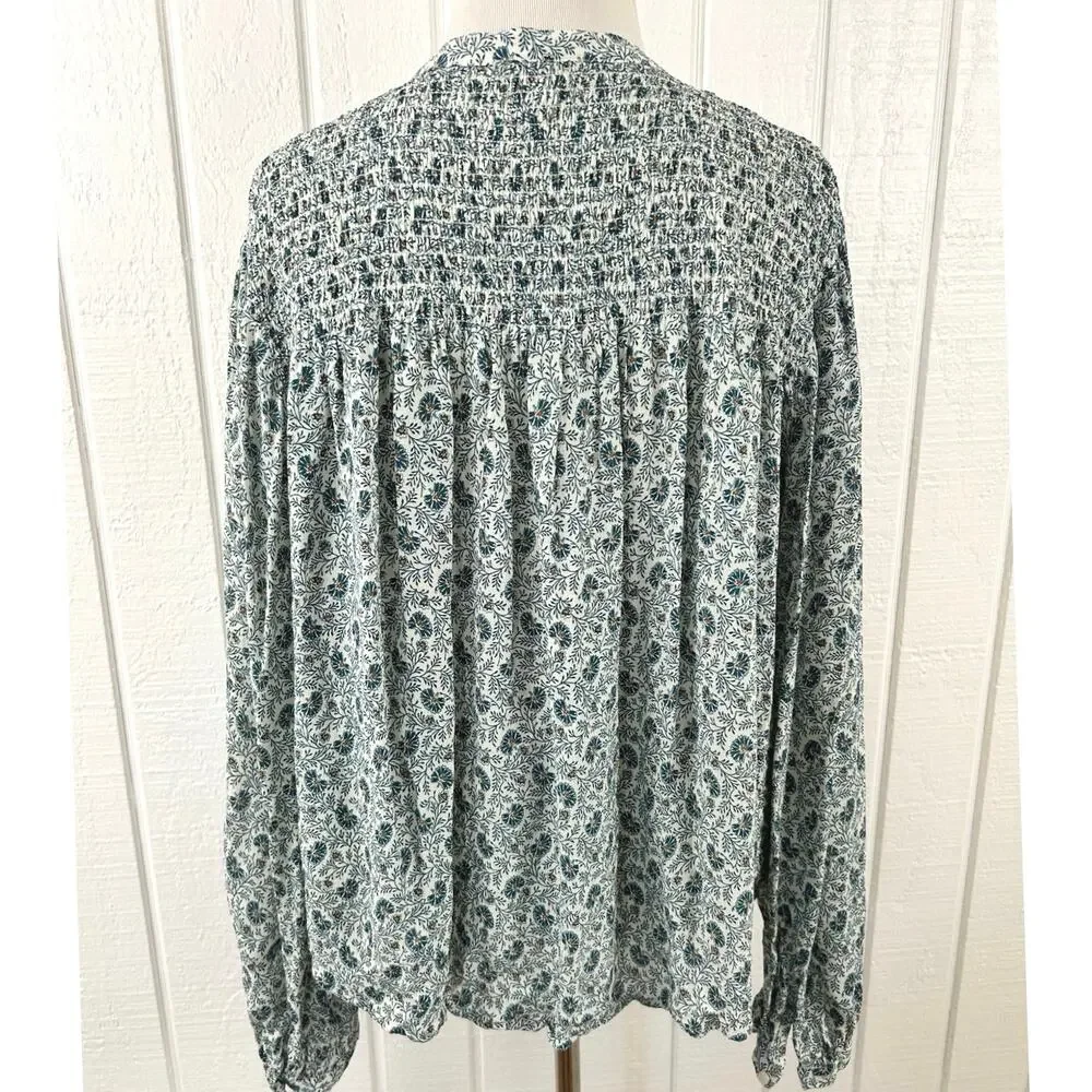A Loves A Floral Peasant Blouse Medium Blue Boho Smocked Long Sleeve Viscose Top - Picture 6 of 9